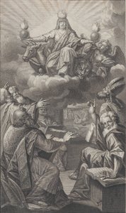 Felhőkön megjelenő allegorikus figura, miközben alatta egy csoport férfi u..., 1728.