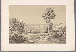 Landschap met weg Attika (cím az objektumon) Kilátások az ókori Görögország leghíresebb helyszíneiről (...) (sorozat címe) alkotó: Claude Félix Théodore Caruelle d