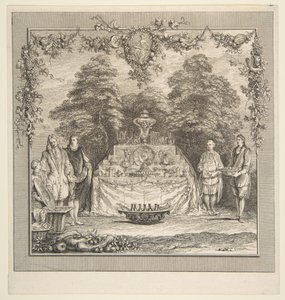 Kertben elkészített uzsonna.n.d. Alkotók: Claude Gillot, Jacques Gabriel Huquier. alkotó: Claude Gillot, Jacques Gabriel Huquier