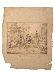 Les quatre âges de la vie: Hét figura a kertben, az egyik ásóval ás (toll és barna tinta) alkotó: Claude Gillot