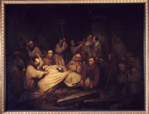 Az eljövetelek grófja. A Comminges grófjának emlékművének utolsó jelenete, amely a Comminges grófját ábrázolja Adelaide halála utáni felismerésében. Festmény Francois de Baculard d