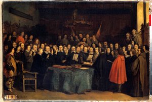 A vesztfáliai béke, a spanyolok és a needlandiak közötti béke ratifikálása utáni eskütétel a münsteri városházán 1648.05.15. Befejezték a harmincéves háborút. Claudius Jacquand festménye