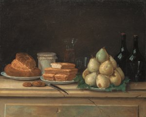 Körte és kenyér tányérokon, üveg borral és pohárral a kőpárkányon (olaj, vászon) alkotó: Claude Joseph Fraichot