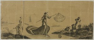 Chinoiserie csónakból horgász férfival, nővel és gyermekkel a parton alkotó: Claude Joseph Vernet