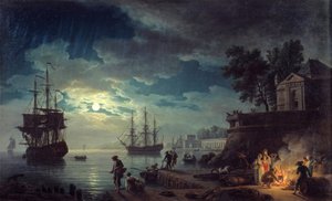 Holdfényes horgászat Éjszakai kilátás a kikötőre, tábortüzet rakó férfiakkal. Joseph Vernet festménye alkotó: Claude Joseph Vernet