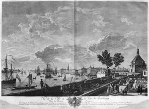 Bordeaux városának és kikötőjének kilátása a Chateau Trompette-ből, a "Les Ports de France" sorozatból, fiatalabb Charles Nicolas Cochin metszetével alkotó: Claude Joseph Vernet