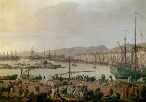 Kilátás Toulon Detail kikötőjére, a régi kikötőre, kilátás az üzletek partjáról. Joseph Vernet (1714-1789) festménye 1756. Párizs, Musee de la Marine – Kilátás a tengerre – Toulon kikötőjére. Részlet. Joseph Vernet (1714-1789) festménye, olaj, vászon