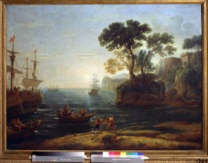 Aeneas megérkezése Olaszországba. A Római Birodalom létrejötte. (Aeneas érkezése Itáliába. A Római Birodalom reggele). Claude Gellee festménye szerint Claude Le Lorrain (1600-1682). Olajfestmény. Barokk művészet. Puskin Szépművészeti Múzeum, Moszkva