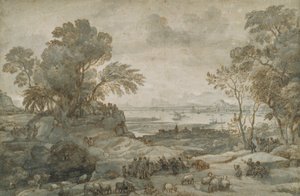 Tájkép Krisztussal, aki a hegyi beszédet hirdeti (toll és barna tinta szürke mosással a papíron) alkotó: Claude Lorrain