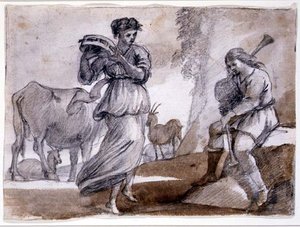 Vidéki tánc (fekete-piros kréta és mosás papíron) alkotó: Claude Lorrain