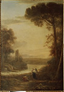 Tájkép Tobie-val (Tobit) és Raphael arkangyallal (1639, olaj, vászon) alkotó: Claude Lorrain