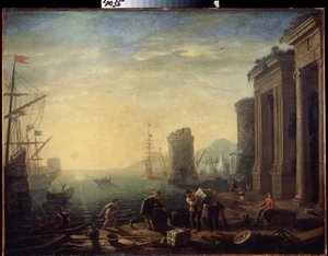 Reggel a kikötőben. Reggel a kikötőben. Claude Gellee, Le Lorrain (1600-1682) festménye. Olajfestmény