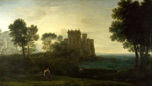 ""Táj Psychével Ámor palotáján vagy az elvarázsolt kastélyon ​​kívül) Claude Lorrain festménye (1600-1682) Olaj, vászon 1664 Dim 87, 1 x 151,3 cm National Gallery, London alkotó: Claude Lorrain