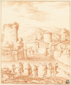 Táncosok és zenészek a romos tornyú falu előtt alkotó: Claude Lorrain