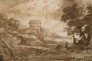 Tájkép kerek toronnyal és öböllel alkotó: Claude Lorrain