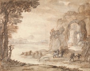 Perseus and the Origin of Coral, 1671 körül (fekete kréta, szépia és fekete tinta, szépia és szürke mosás fehérrel) alkotó: Claude Lorrain