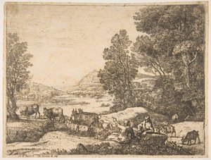 Pásztor és pásztorlány beszélget egy tájban, kb. 1651. alkotó: Claude Lorrain
