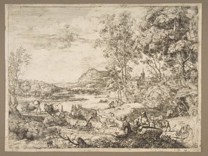 Pásztor és pásztorlány beszélget egy tájban, kb. 1651. alkotó: Claude Lorrain
