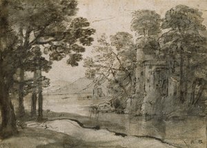 Vízimalom fák között, c1635-1638 alkotó: Claude Lorrain