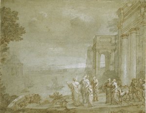 Karthágó képe Didóval és Aeneasszal, 1676 (toll és tinta mosással és krétával, fehérrel kiemelve a papíron) alkotó: Claude Lorrain