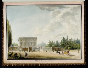 Kilátás a kastélyra a bejárat felől, Richard Mique (1728-94) Recueil des plans du Petit Trianonból alkotó: Claude Louis Chatelet