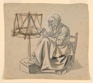 Rajz, Egy öregasszony fon, 1810-30 alkotó: Claude Louis Desrais