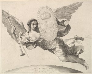 Pajzsot viselő hírnév XIV. Lajos kezdőbetűjével La Renommée volant. alkotó: Claude Mellan