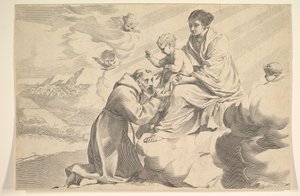Assisi Szent Ferenc imádja a Krisztus-gyermeket a szüzek ölében.
