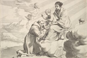 Assisi Szent Ferenc a szüzek ölében imádja a gyermek Krisztust.