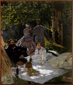 Reggeli a füvön Töredék. Bal oldali rész. Jobb oldal: Gustave Courbet, Camille Doncieux és Frederic Bazille ábrázolása balról jobbra (középen áll). Claude Monet festménye (1840-1926) 1865-1866 V. 2,48x2,17 m Párizs, Muse d