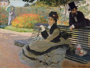 Camille Monet egy kerti padon alkotó: Claude Monet