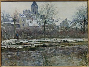 A hó hatása Vetheuilban vagy „Eglise de Vetheuil, neige” Claude Monet (1840-1926) festménye 1878/79. Homályos. 0,53 x 0,71 m. Párizs, Musee d