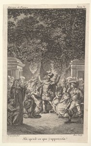 Egy fiatal fiú fáklyát tart a fák alatt a kertben, középen egy férfi felemeli mindkét karját, s..., kb. 1784.