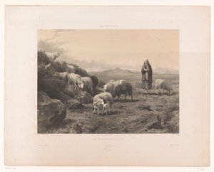 Pásztorlány juhokkal Cantal síkságán Les vallées du Cantal (cím a tárgyon) Legelők (sorozat címe) Les paturages (sorozat címe az objektumon) alkotó: Claude Thielley
