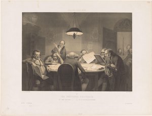 Férfiakat olvas az asztal körül Les profonds politiques / A mély politikusok / Die vollendeten Staatsmanner (cím a tárgyon) Humoros előadások (sorozat címe) Gallery pour rire (sorozat címe az objektumon) alkotó: Claude Thielley