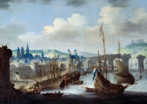 Kilátás Rouen városára A hajók a Szajna partján vannak kikötve. Claude de Jongh festménye