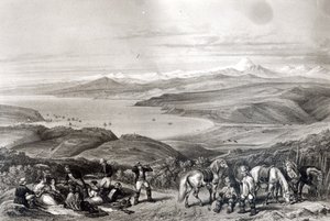 Az Aconcagua vulkán távoli látképe, a "Historia de Chile"-ből, F. Lehnert metszete. alkotó: Claudio Gay