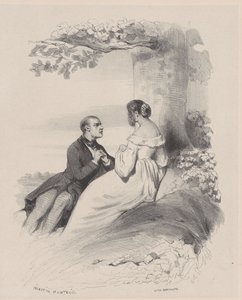 Férfi javaslatot tesz egy nőnek, akinek az arcát szőr takarja, kb. 1830-65.