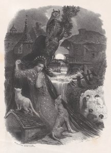 Éjszaka, 18. századi jelmezben rózsát szedő lány matricája a háton, kb. 1830-65. alkotó: Célestin Nanteuil