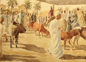 Szarvasmarha piac, Nizwa, Omán (2), 2018 (akvarell)