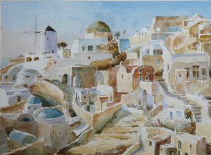 Santorini Oia – késő délutáni nap, 2022 (akvarell)