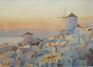 Santorini Oia – Sunset, Lighting-Up Time, 2019 (watercolour)