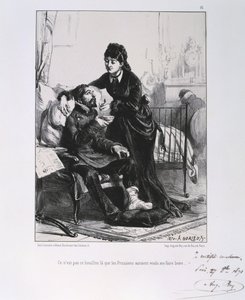 Francia-porosz háború 1870-1871: Egy sebesült katonát ápolnak és táplálnak. Clement August Andrieux litográfiáinak sorozatából a Gardes Nationalesról.