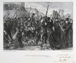 Francia-porosz háború 1870-1871: Buzenval-i csata (Mount Valerien) Versailles mellett, 1871. január 19. Garde National menetel a csatába és vereségbe. Clement August Andrieux litográfiáinak sorozatából a Gardes Nationalesról.