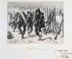 Francia-porosz háború 1870-1871. Párizs ostroma 1870. szeptember 19-től 1871. január 28-ig. Katonák a sáncokon ugrálnak, hogy melegedjenek. Clement August Andrieux litográfiáinak sorozatából a Gardes Nationalesról.