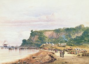 A brit és francia csapatok partraszállása Varuában a Fekete-tengeren H.M.S.Bellerophontól, 1854. július 17-én a krími háborúban (akvarell) alkotó: Colonel Ben Hallewell