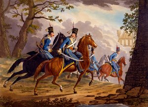 Osztrák huszárok az ellenség nyomában, 1799 (kézzel színezett akvatinta)