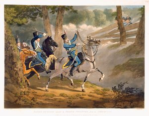 A szász huszárokat francia gyalogság támadta meg egy Ambuscade-ból, a "Military Evolutions" kocsmából. Ackermann, London, 1799-1802