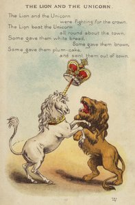 Mondóka: Az oroszlán és az egyszarvú (chromolitho)