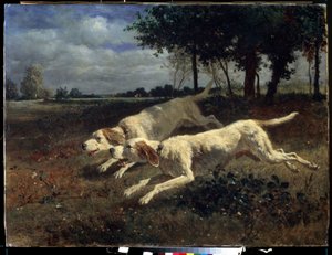 Futó kutyák. Constant Troyon (1810-1865) festménye. Olaj, vászon, 75 x 11 cm alkotó: Constant Emile Troyon